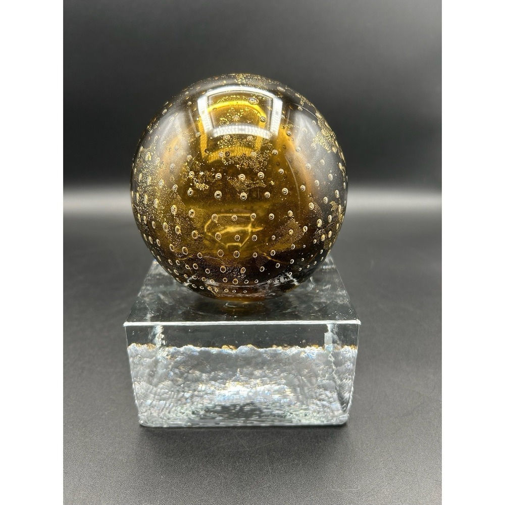Amber Gold Hand Blown Glass Controlled Bubble Vintage Paperweight Decor Base MCM
